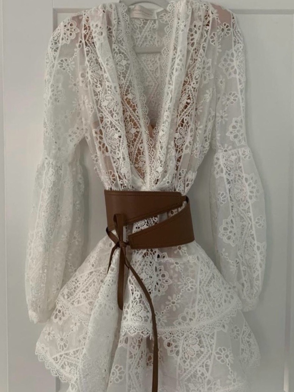 Bronx & Banco White Lace Mini Dress-Tan Waist Tie Belt and slip incl. NWT Sz S